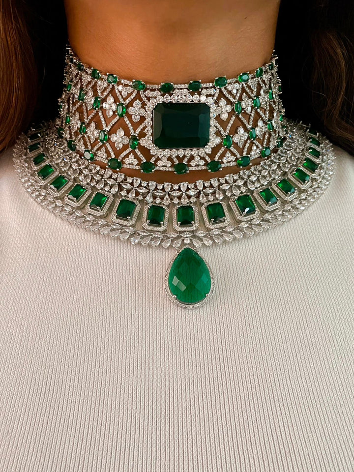 Maharani Emerald Appliqué Dimonte Choker Set & Emerald Drop Dimonte Floral Necklace Set