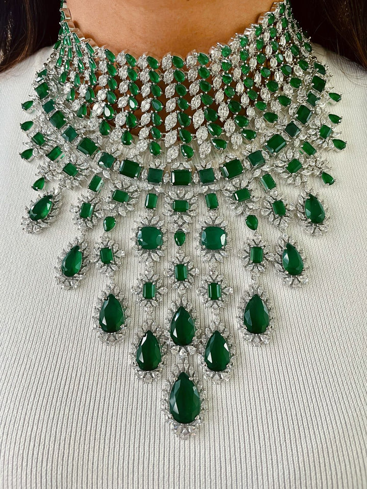 Maharani Abbey Emerald Drops Necklace Set & Heart Emerald & Diamond Necklace Set