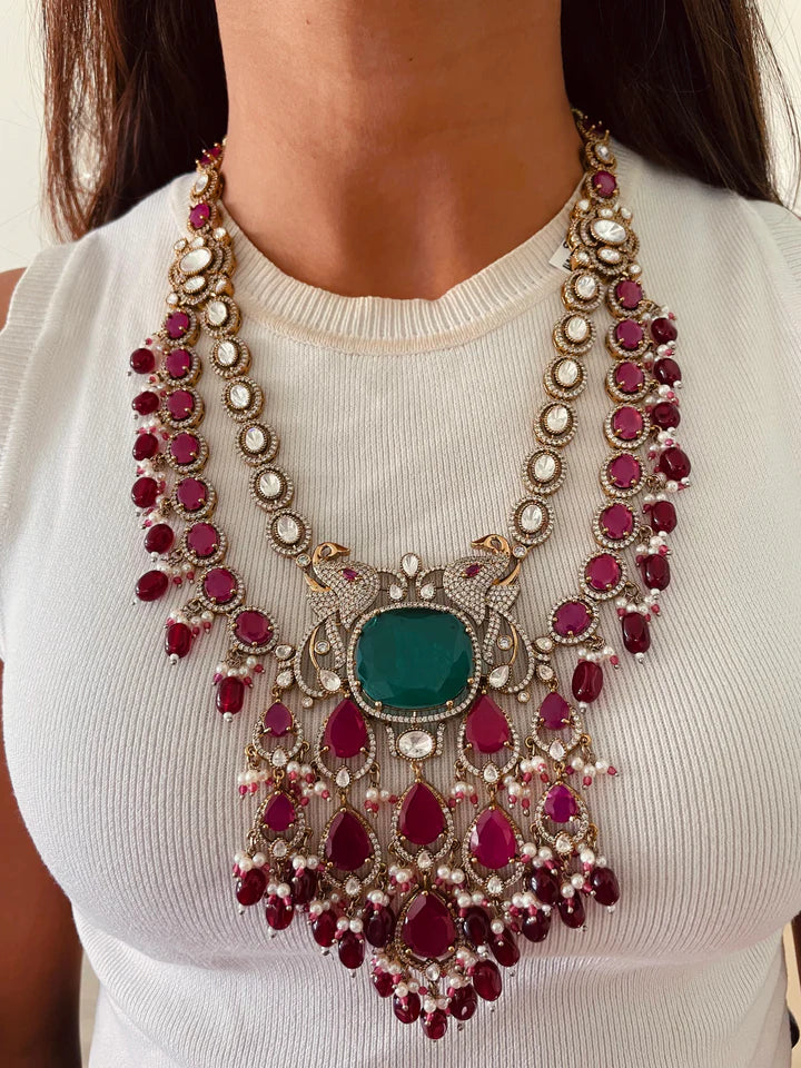 Maharani Emerald Doublets & Ruby Pearls & Polki Dangling & Zareena Ruby Mayura Court Empress Necklace Set