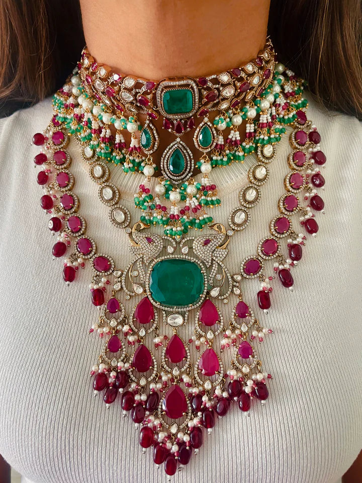 Maharani Emerald Doublets & Ruby Pearls & Polki Dangling & Zareena Ruby Mayura Court Empress Necklace Set