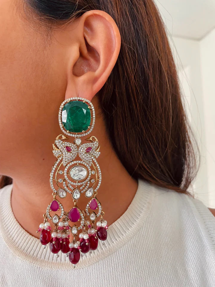 Maharani Emerald Doublets & Ruby Pearls & Polki Dangling & Zareena Ruby Mayura Court Empress Necklace Set
