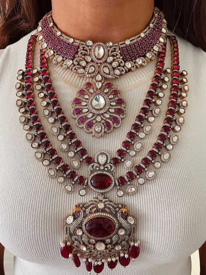 Maharani Zarnoor Rubiyana Royal Court Empress Moissanite Polki Kundan & Tejaswini Ruby Zareen Darbar Sovereign Necklace Set
