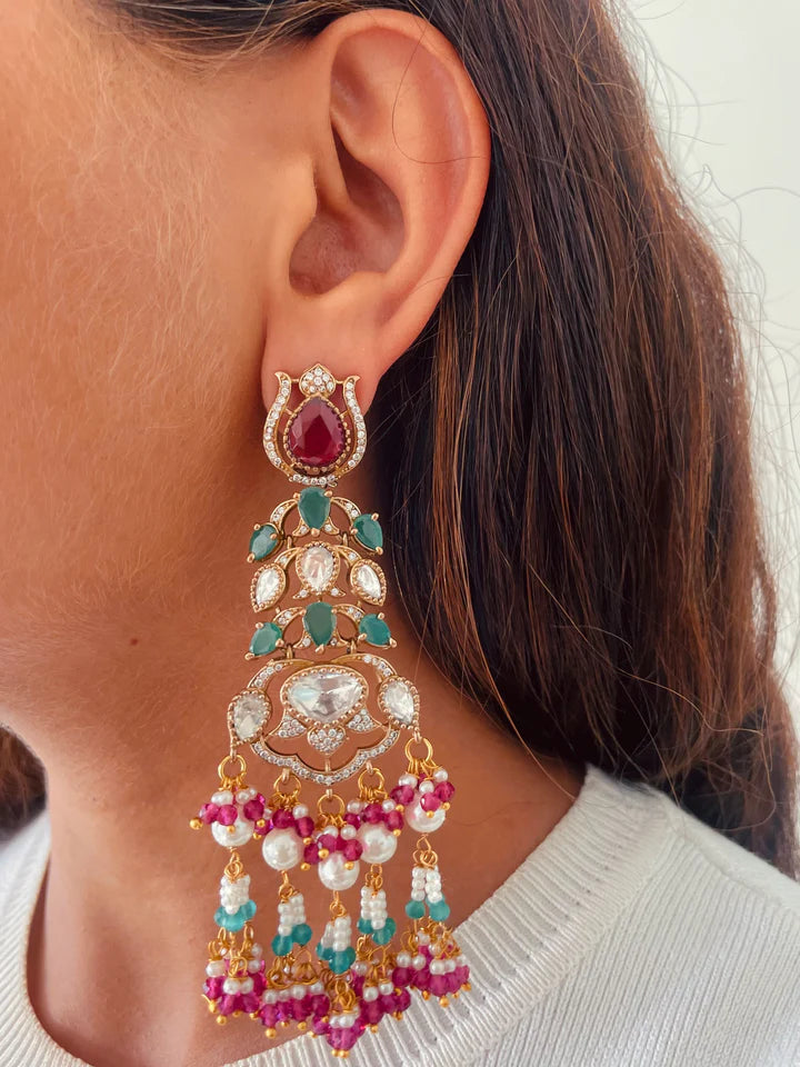 Maharani Emerald Doublets & Ruby Pearls & Polki Dangling & Zareena Ruby Mayura Court Empress Necklace Set