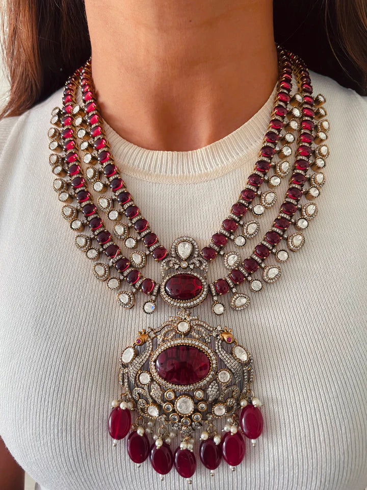 Maharani Zarnoor Rubiyana Royal Court Empress Moissanite Polki Kundan & Tejaswini Ruby Zareen Darbar Sovereign Necklace Set