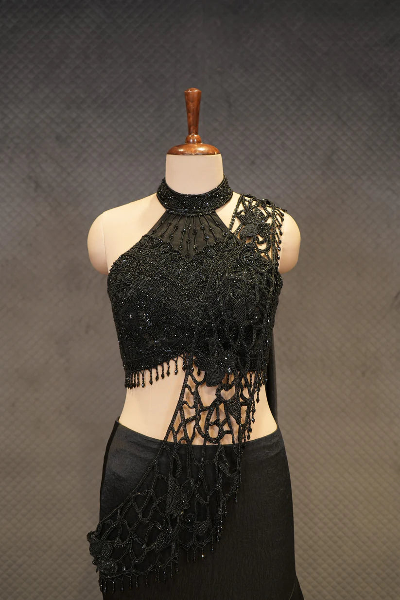 Black Crepe Bridesmaids Lehenga with Halter Neck Blouse