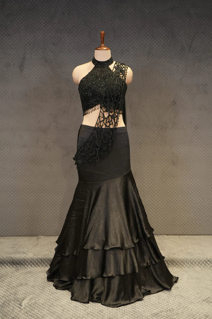 Black Crepe Bridesmaids Lehenga with Halter Neck Blouse