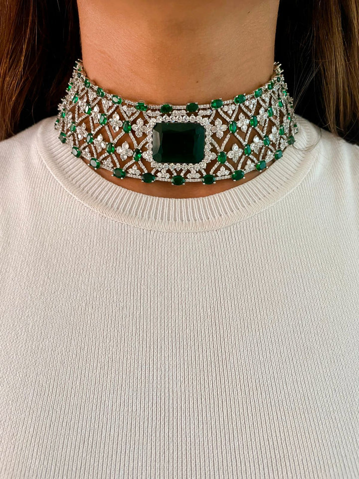 Maharani Emerald Appliqué Dimonte Choker Set & Emerald Drop Dimonte Floral Necklace Set