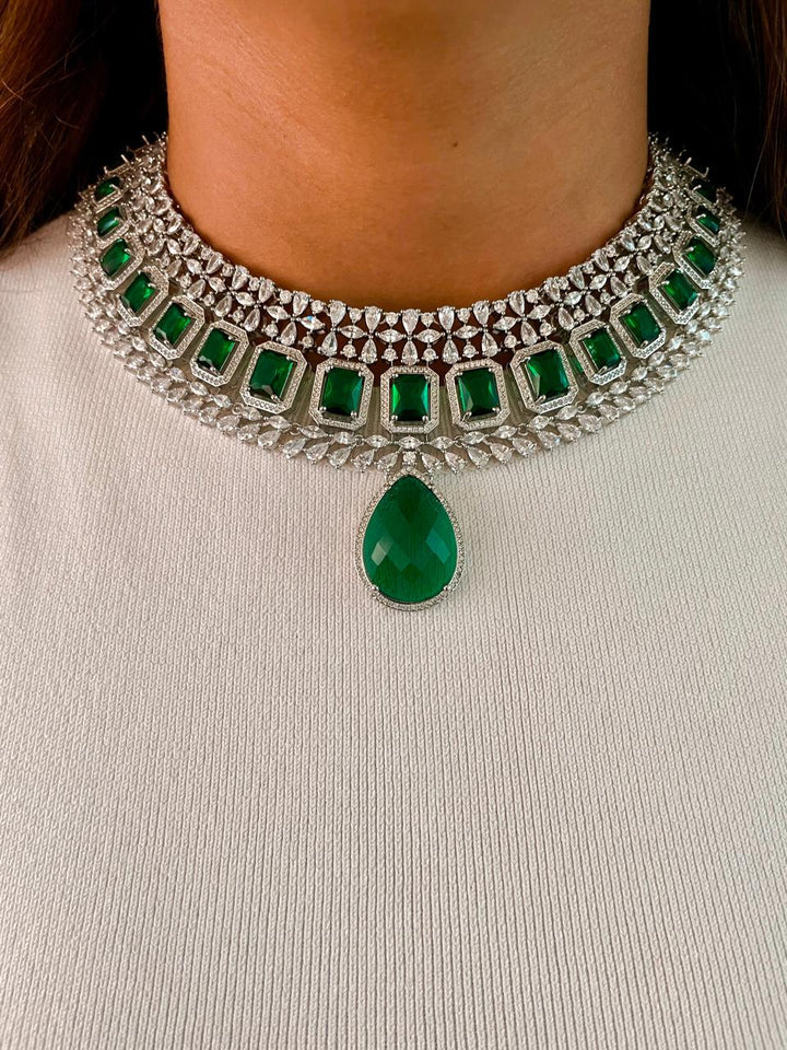 Maharani Emerald Appliqué Dimonte Choker Set & Emerald Drop Dimonte Floral Necklace Set