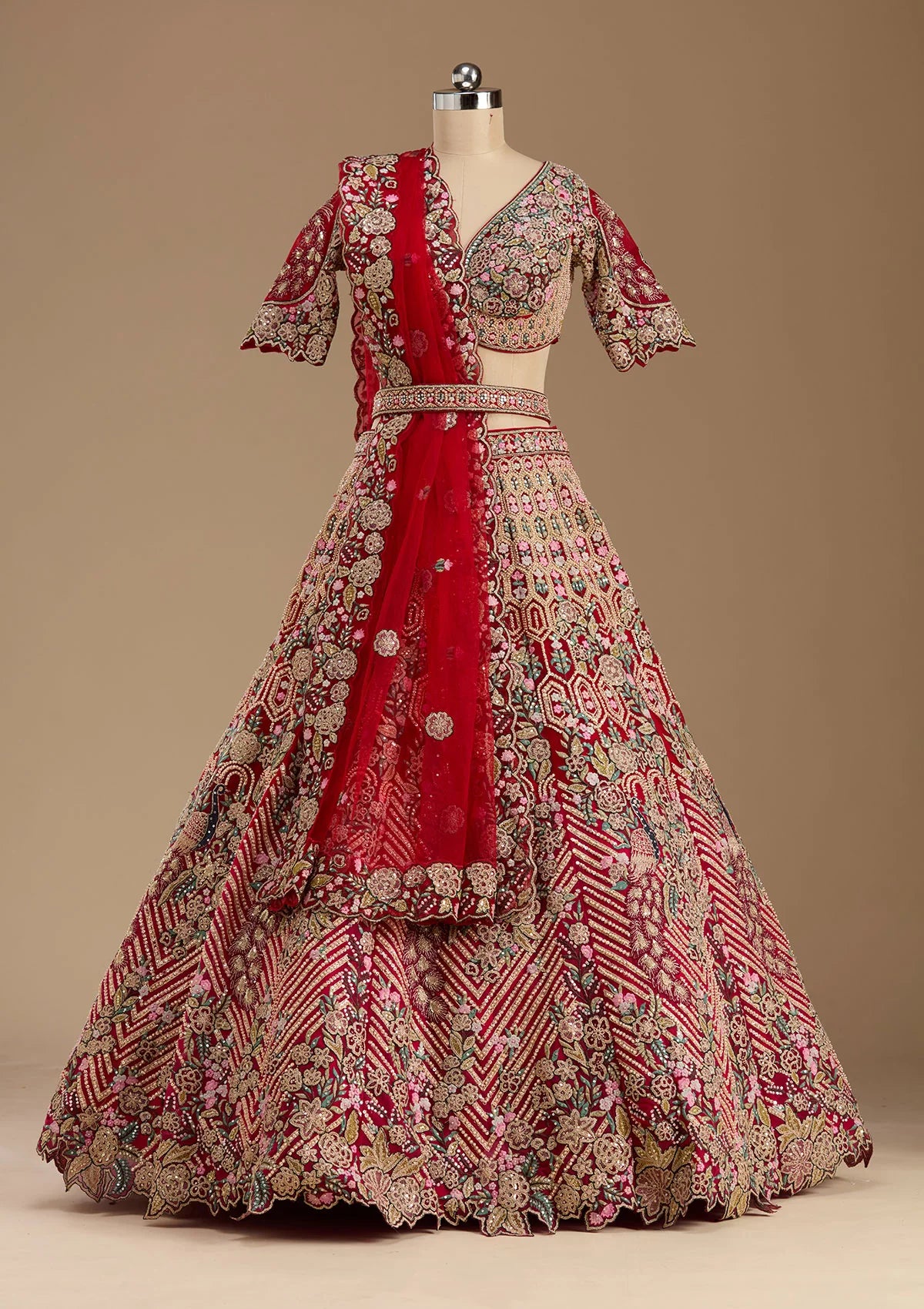 Red Threadwork Net Readymade Lehenga