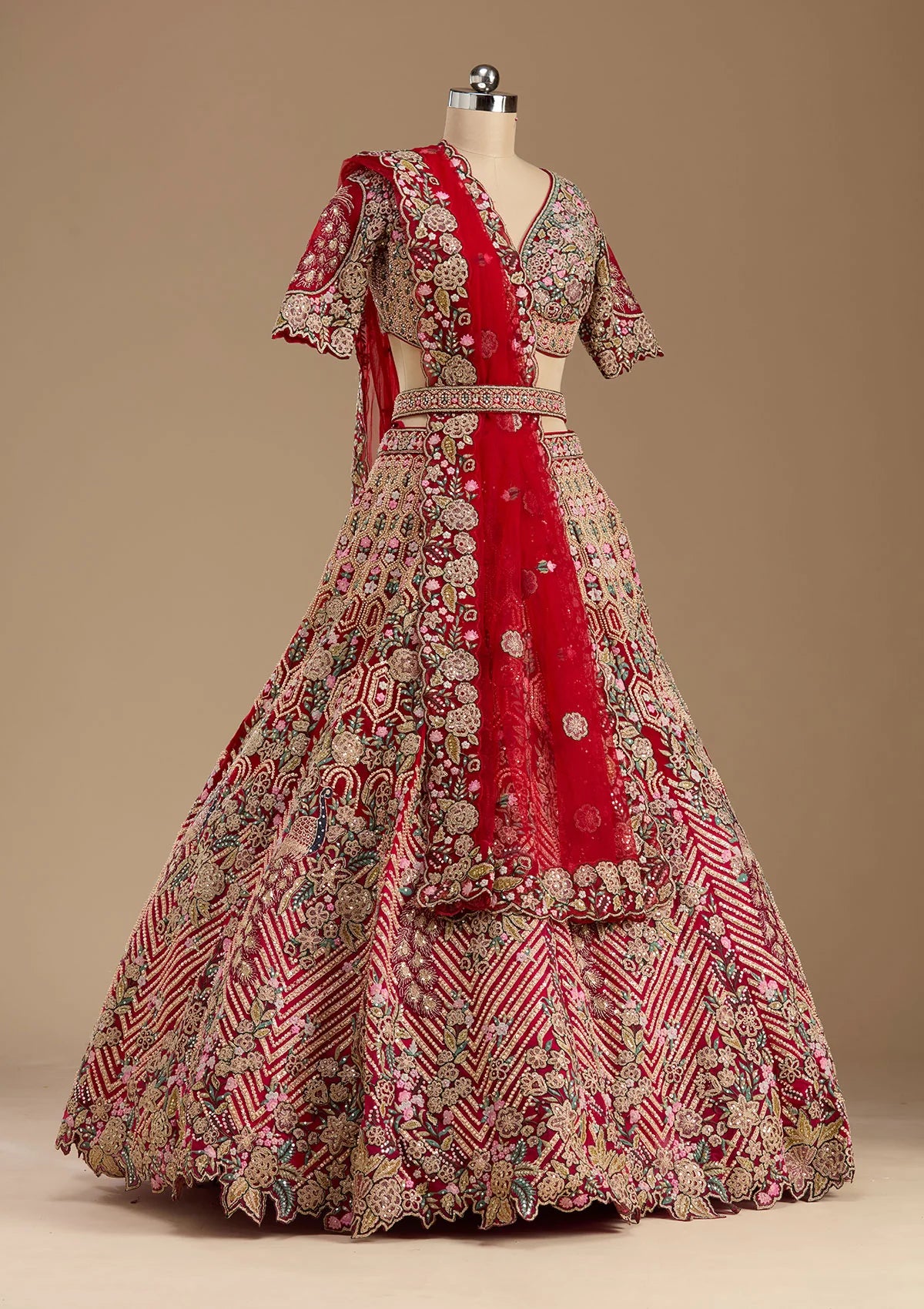 Red Threadwork Net Readymade Lehenga