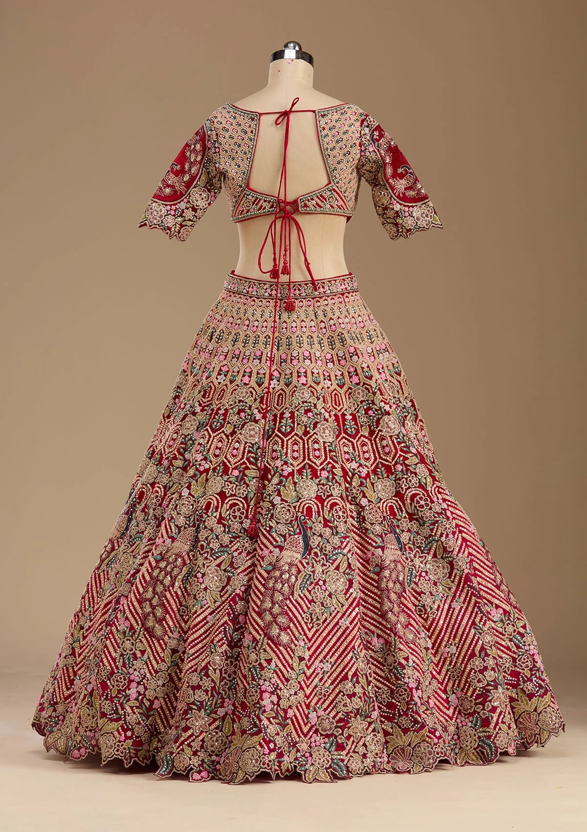 Red Threadwork Net Readymade Lehenga