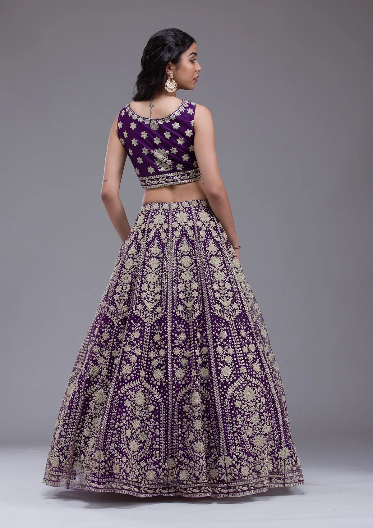 Purple Threadwork Net Readymade Lehenga