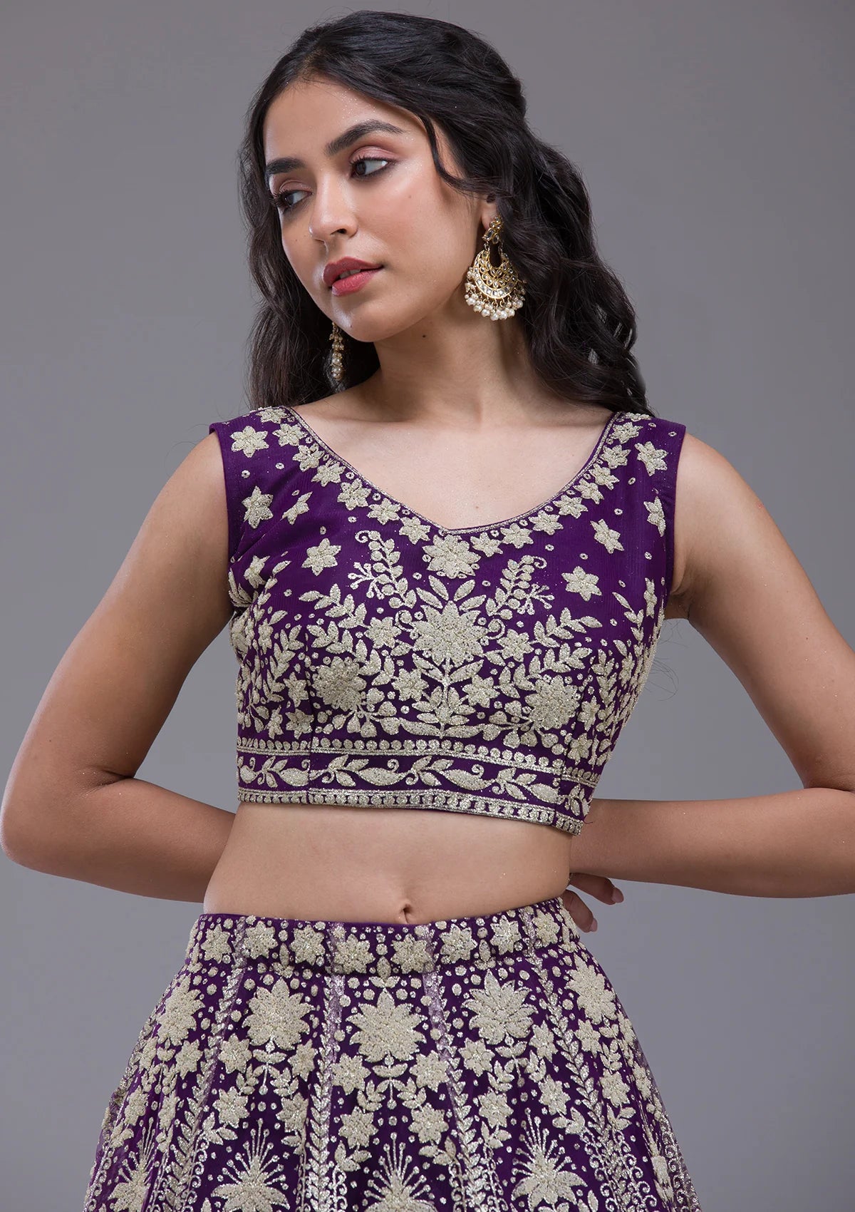 Purple Threadwork Net Readymade Lehenga