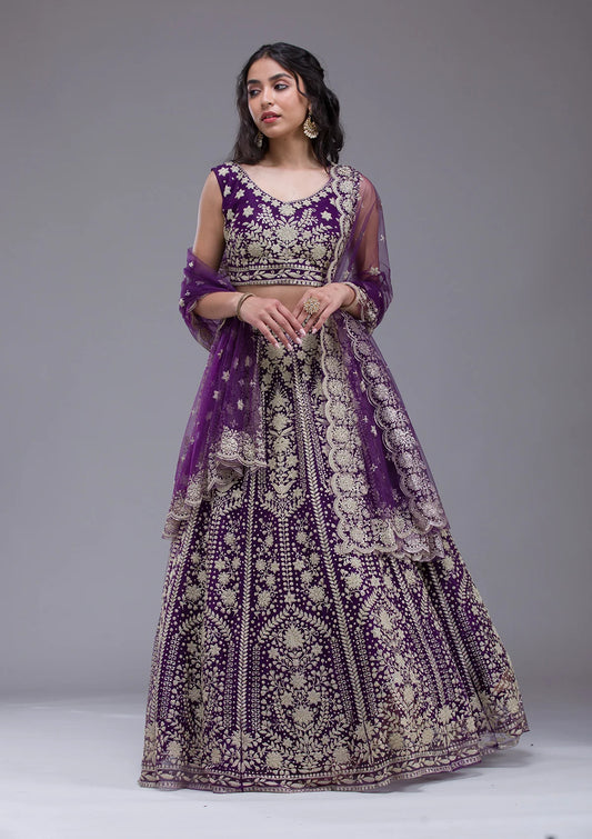 Purple Threadwork Net Readymade Lehenga