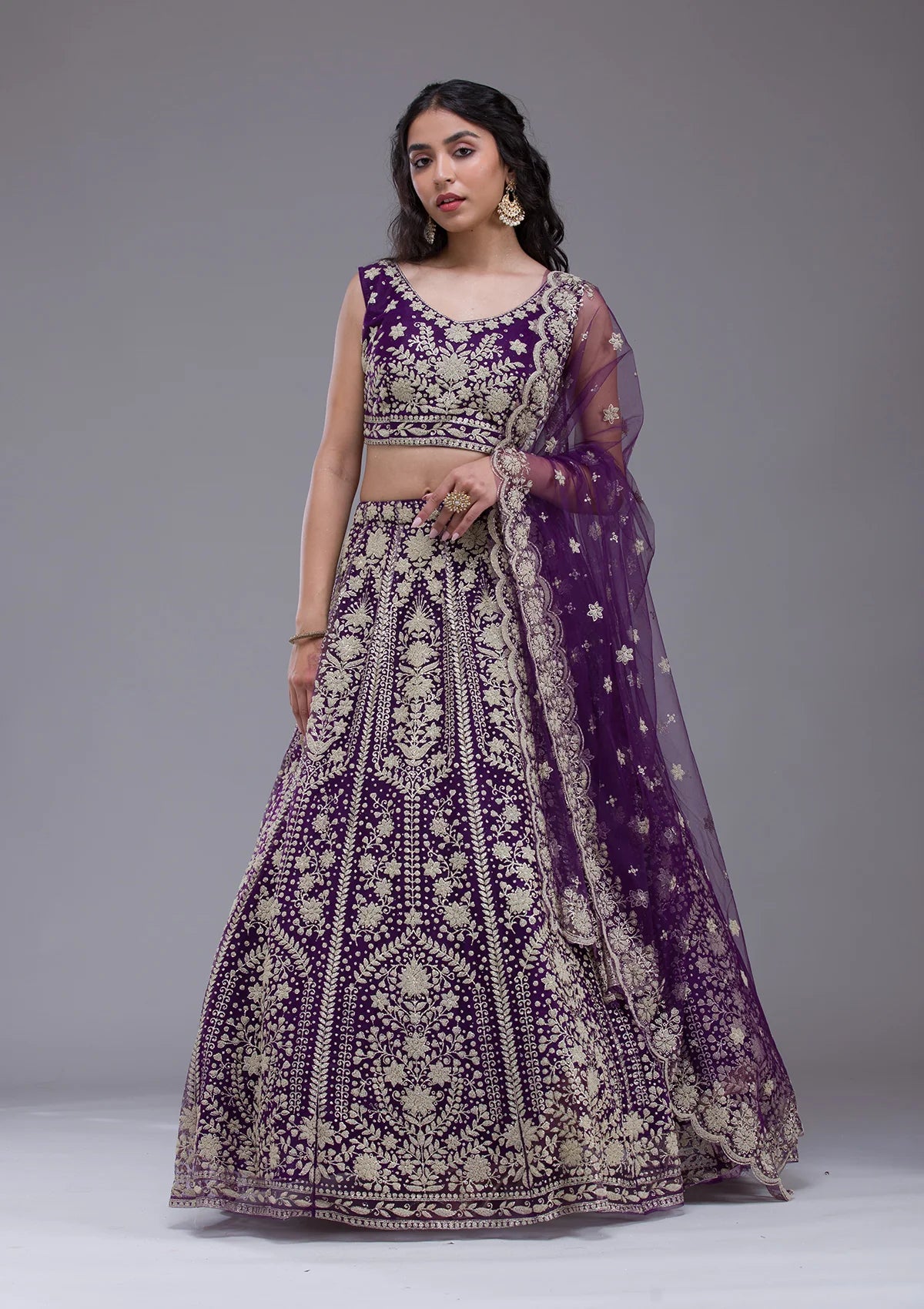 Purple Threadwork Net Readymade Lehenga