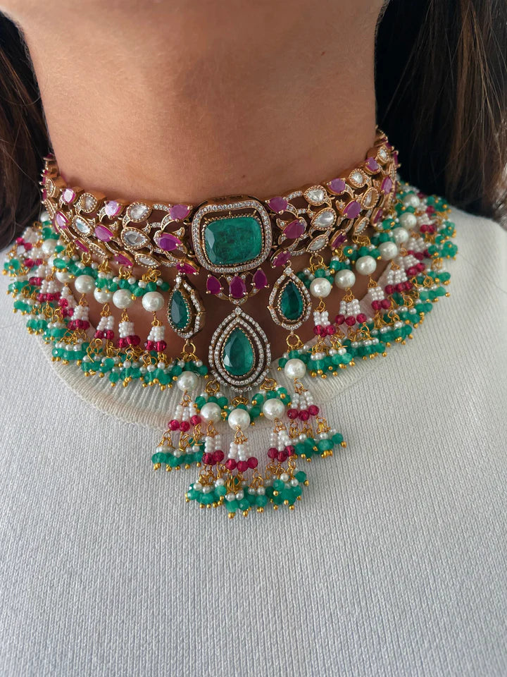 Maharani Emerald Doublets & Ruby Pearls & Polki Dangling & Zareena Ruby Mayura Court Empress Necklace Set