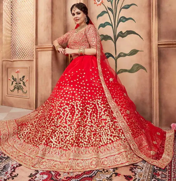 Red Threadwork Net Readymade Lehenga – Elegant Festive & Wedding Wear