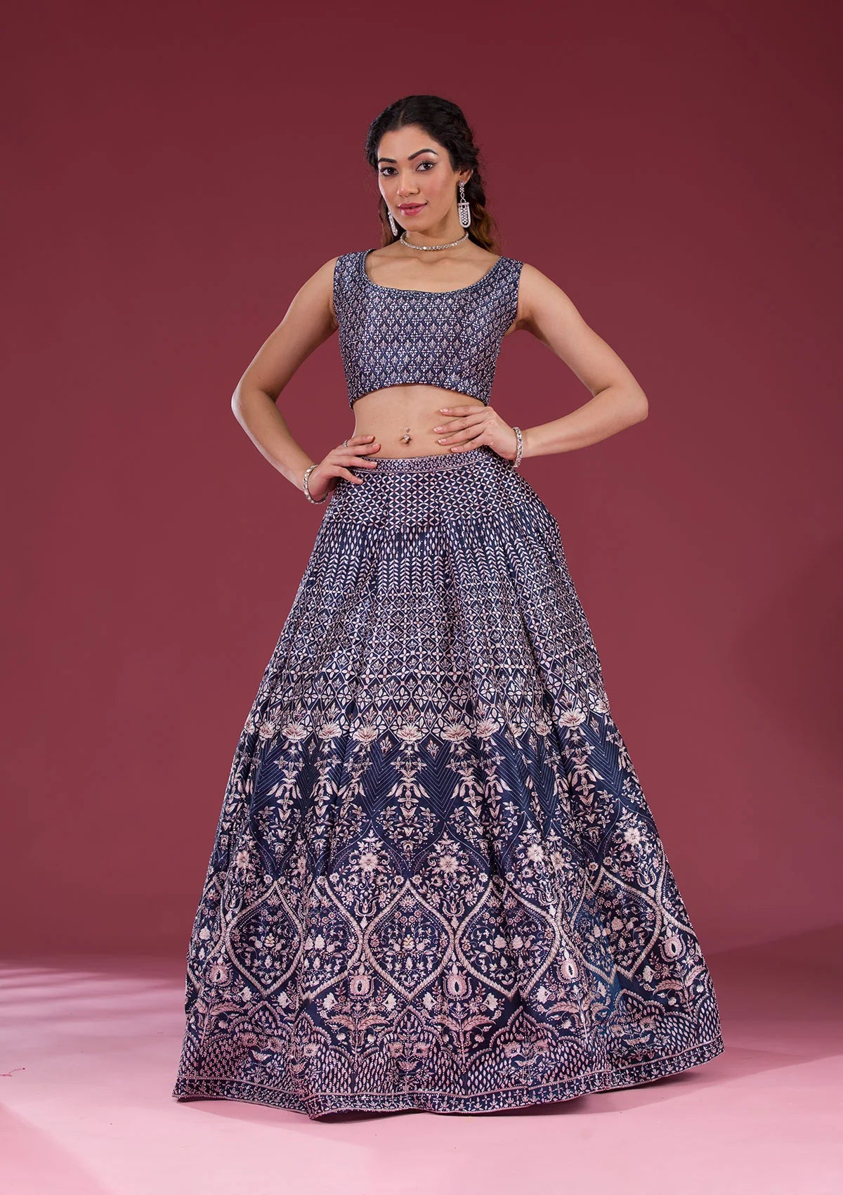 Navy Blue Silver Stonework Raw Silk Readymade Lehenga