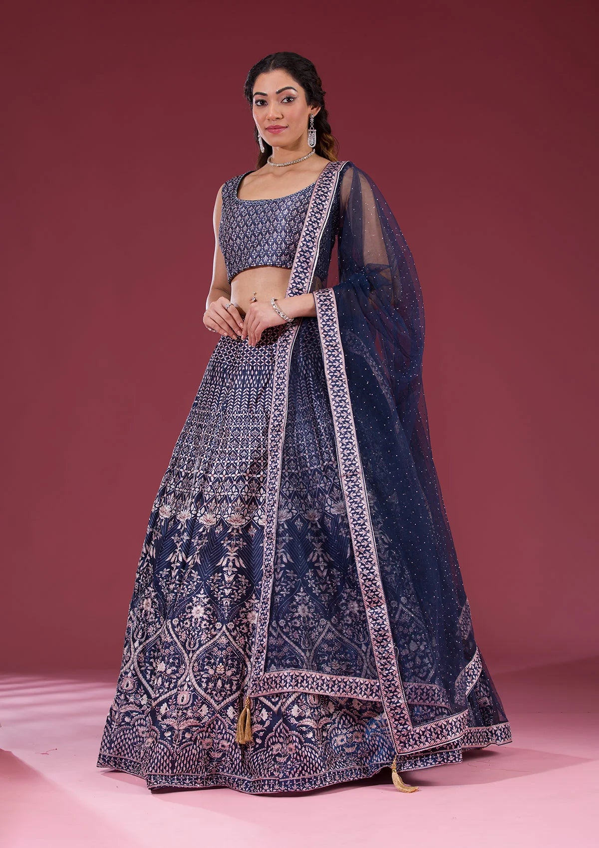 Navy Blue Silver Stonework Raw Silk Readymade Lehenga