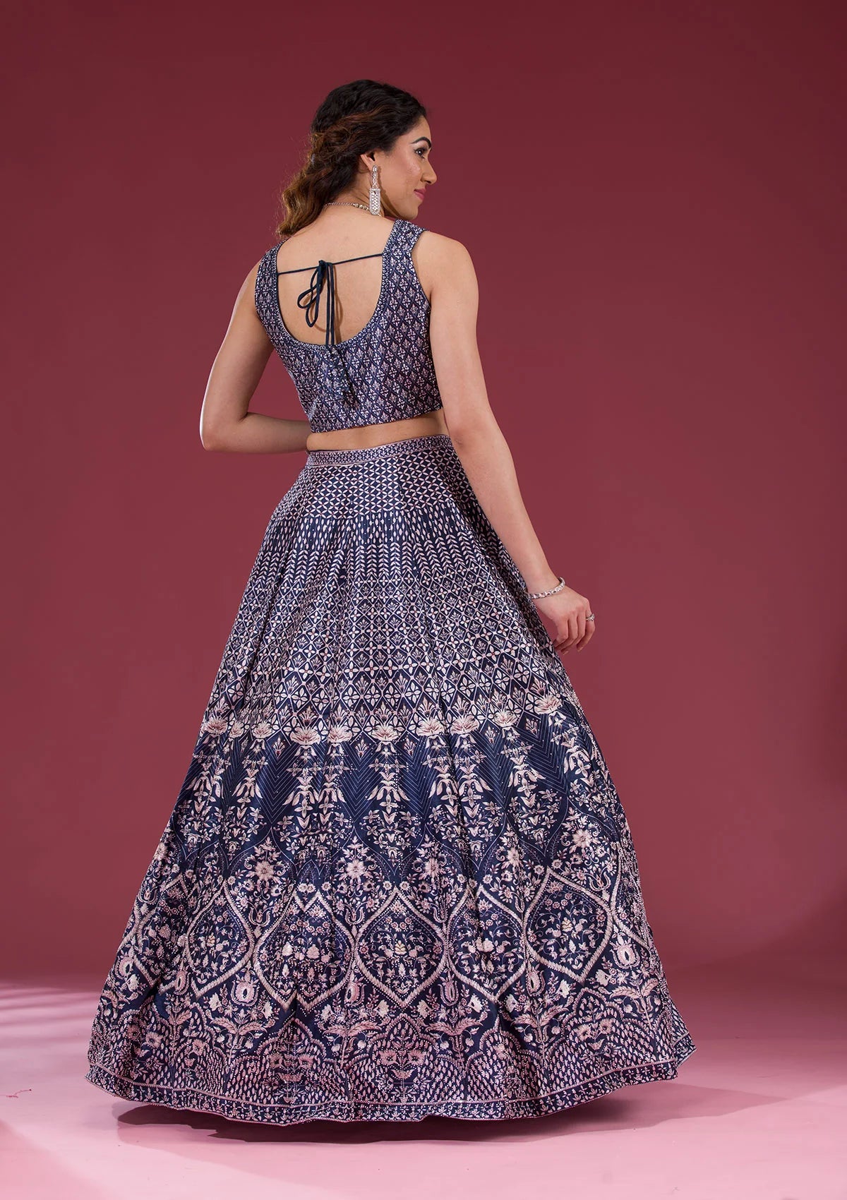 Navy Blue Silver Stonework Raw Silk Readymade Lehenga