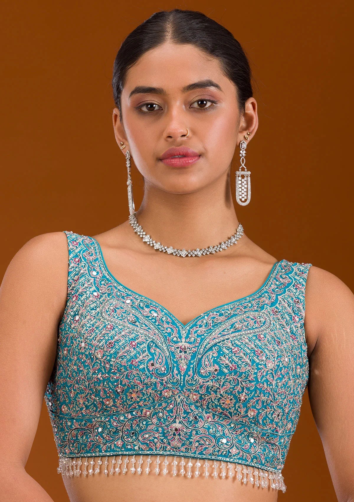 Turquoise Blue Threadwork Net Readymade Lehenga