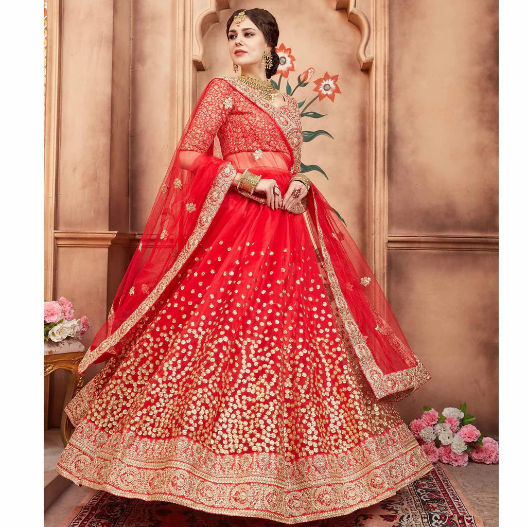 Red Threadwork Net Readymade Lehenga – Elegant Festive & Wedding Wear